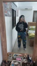 Pantalones vaqueros con estampado de dibujos animados para mujer, pantalón harén para niña, pantalón vaquero de cintura alta para mujer de talla grande