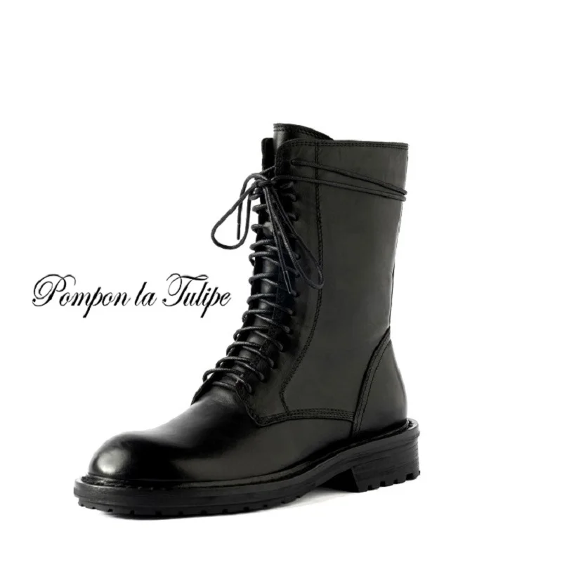 

Genuine Cow Leather Knight Calf Boots 2019 Fashion Martin Boots Lace Up 4/7CM High Heel Casual Daily Autumn Winter Women Shoes