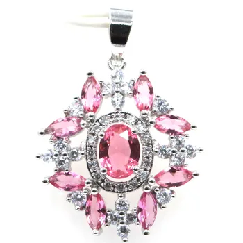 

35x24mm Stunning Created Pink Tourmaline White CZ Gift For Ladies Silver Pendant