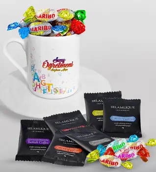 

Personalized Class Teacher Turkish coffee Cup Selamlique Mixed Turkish Coffee House and Haribo Candy Gift Seti-12