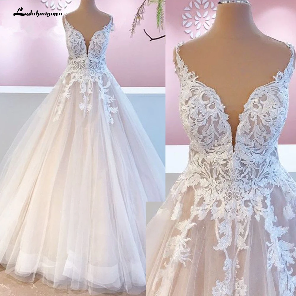 

Lakshmigown Lace Appliques Sleeveless Wedding Dresses V Neck Backless Ball Gown Court Train robe de mariée bohème