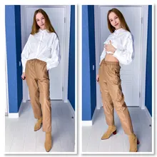 Pants Trousers Women Drawstring Female High-Waist WOTWOY Spliced Loose Autumn Straight