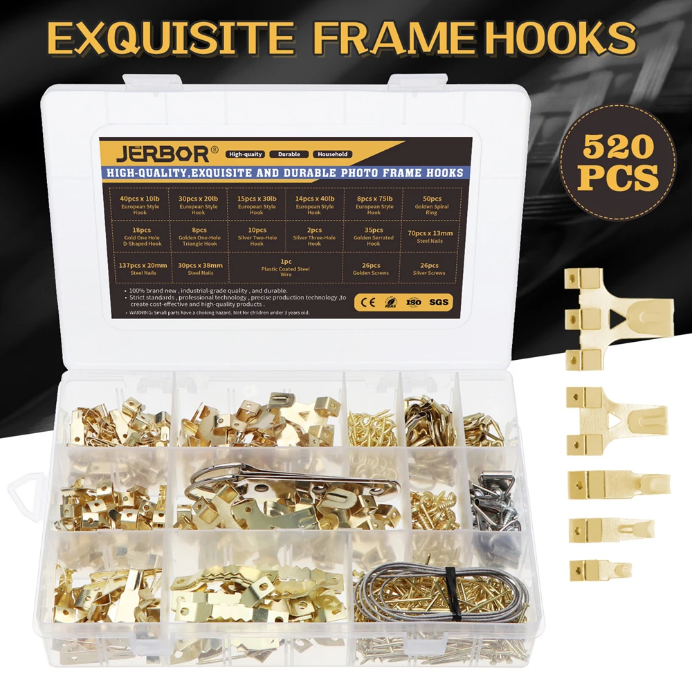 

JERBOR 520PCS Picture Hook Hanger for Picture Frame Wooden Frame Durable Picture Hook with Large and Varied Wire Screws Nails