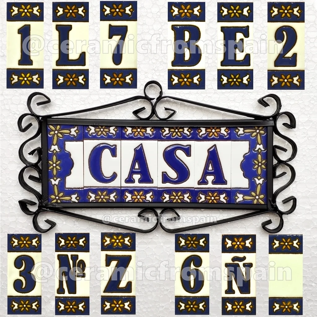 Lettere E Numeri In Ceramica Per La Casa-Design "Blu-2"-7,3 Cm - 2.9 "-Piastrelle Dipinte A Mano-Smaltate A Siviglia-