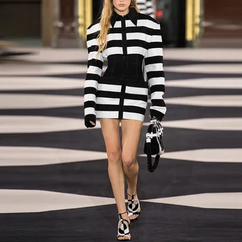 

New Fashion Dress Women Summer Black Dress Turn Down Neck Long Sleeve Striped Mini Dresses Robe Ete Femme 2020 Women Clothing