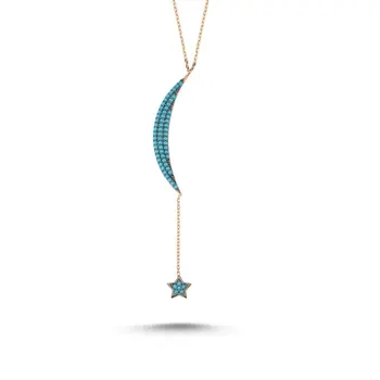 

Angemiel 925 Silver Crescent Moon & Star Nano Turquoise Stone Ghost Pendant-Rose Gold Plated
