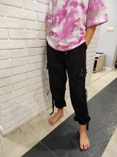 Pantalones Cargo informales para mujer, pantalón holgado de cintura alta, color negro, estilo coreano, con cinta, envío directo