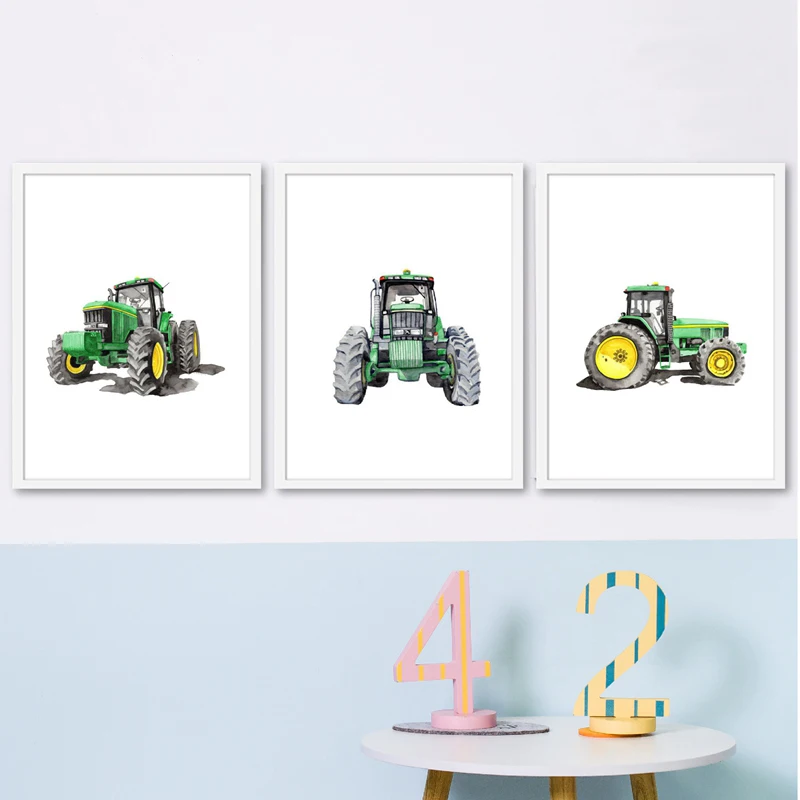John Deere трактор Акварельная живопись для мальчиков Декор комнаты фермерское