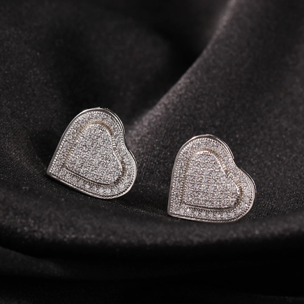 The Bling King Double Layer Heart Shape Stud Earring Paved Cubic Zirconia 925 Sterling Silver Earring Fashion Hiphop Jewelry