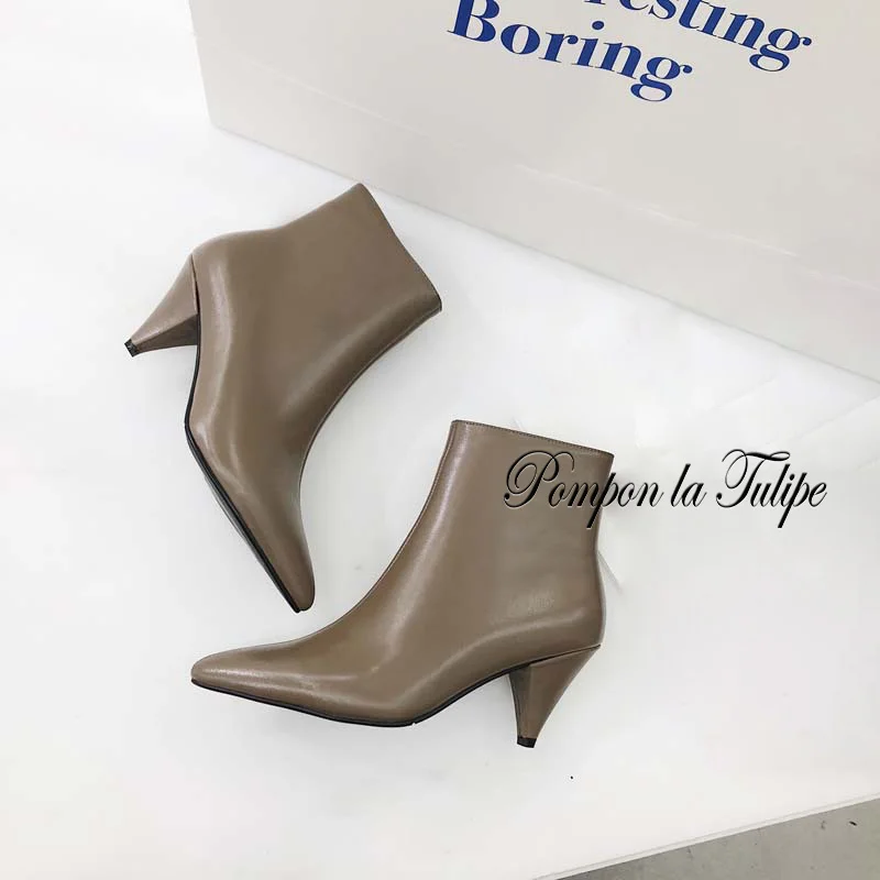 

BHS 9011188 Chic Genuine Cow Leather Elegant 6CM Spike Heel Stilettos Pointed Toe Zipper Stylish Women Mid Calf Fashion Boots