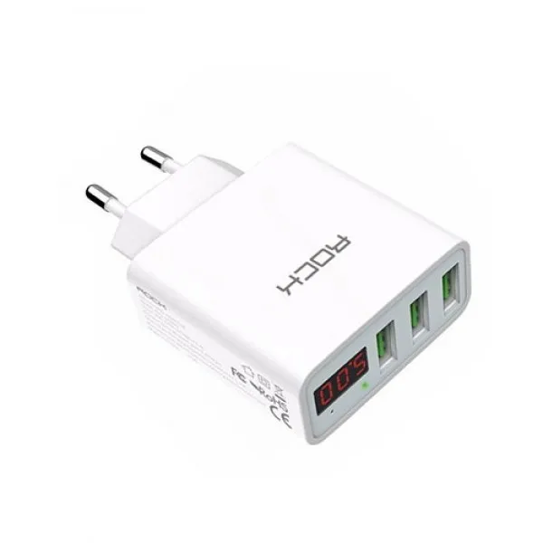 Зарядное устройство с дисплеем Rock T14 Travel Charger with Display 3USB, 3A(Белый