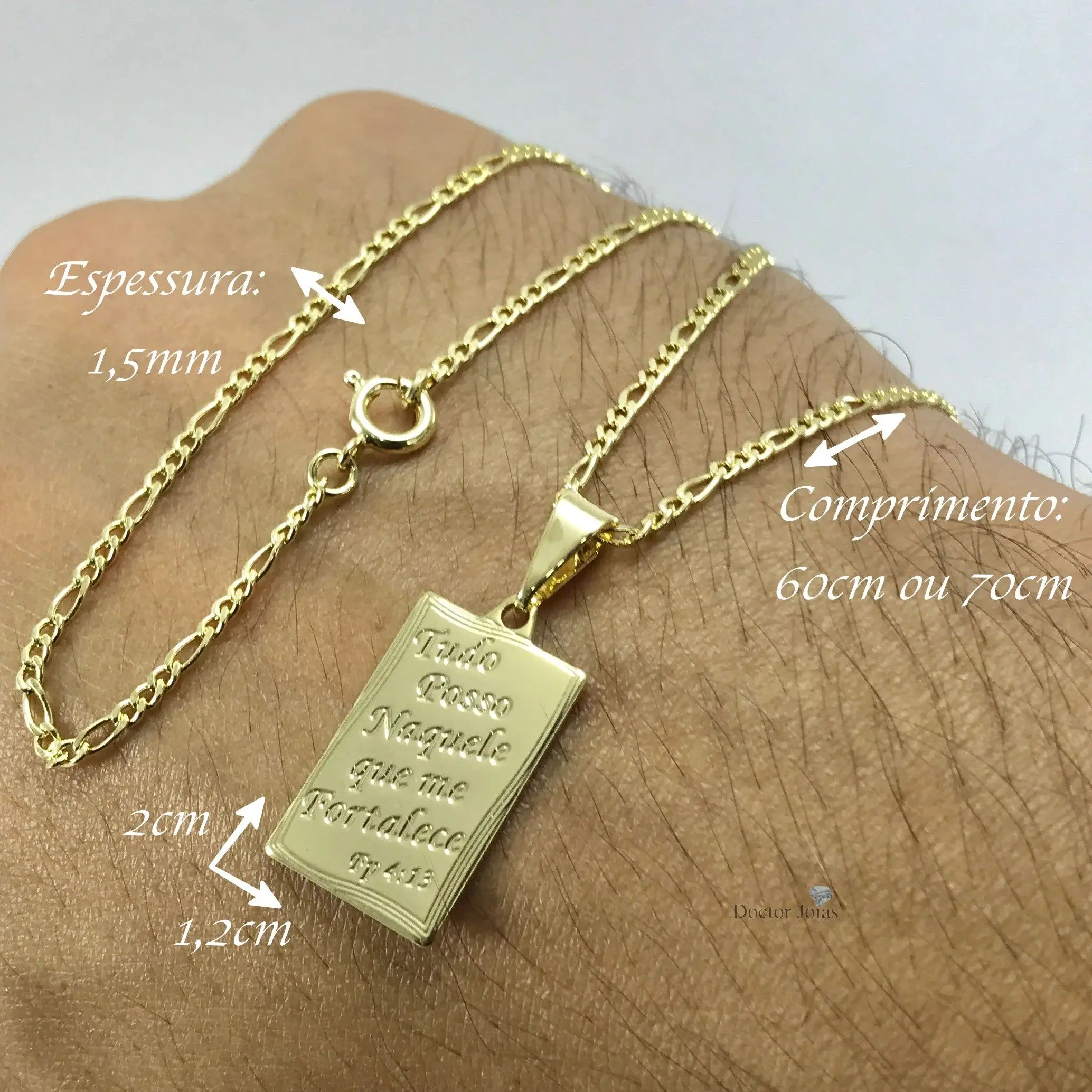 Corrente Masculina com Pingente Medalha Salmo 23 Tudo Posso Cordão Masculino Fino 3x1 1.5mm Banhado a Ouro 18k