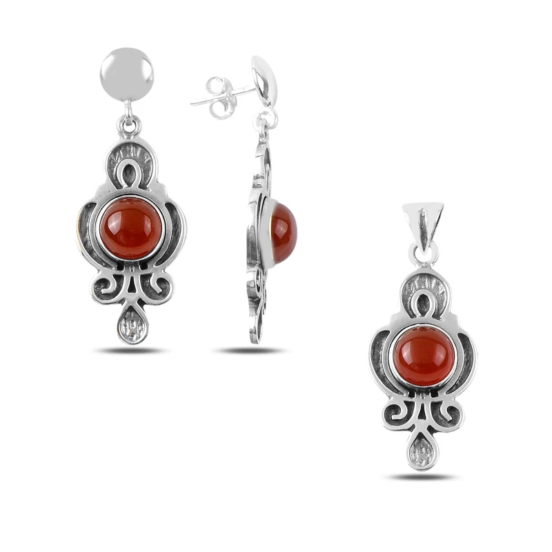 

Silver 925 Sterling Red Agate Stone Handwork Set