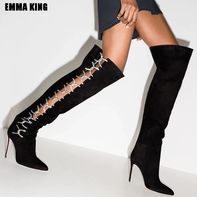 

Women Fashiom Patchwork Suede Long Boots Cross-tied Over The Knee Boots Thin High Heels Point Toe Shoes For Women 2020
