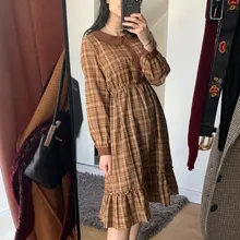 Plaid Dress Peter-Pan-Collar Long-Sleeve Autumn-Style Mori-Girl Cute Kawaii Fashion Lady