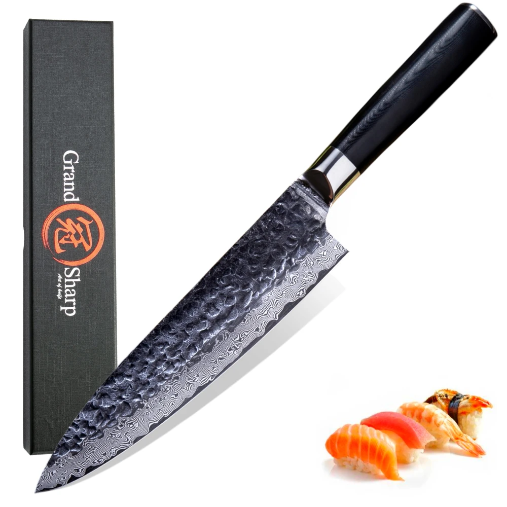 Grandsharp Damascus Chef Knife 67 Layers AUS10 Japanese Damascus Black Hammered Steel Kitchen