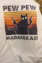 Camiseta de gran tamaño para mujer, playera con estampado divertido de Pew, Madafakas, Gato Negro asesino con pistola, Harajuku, Halloween, color gris