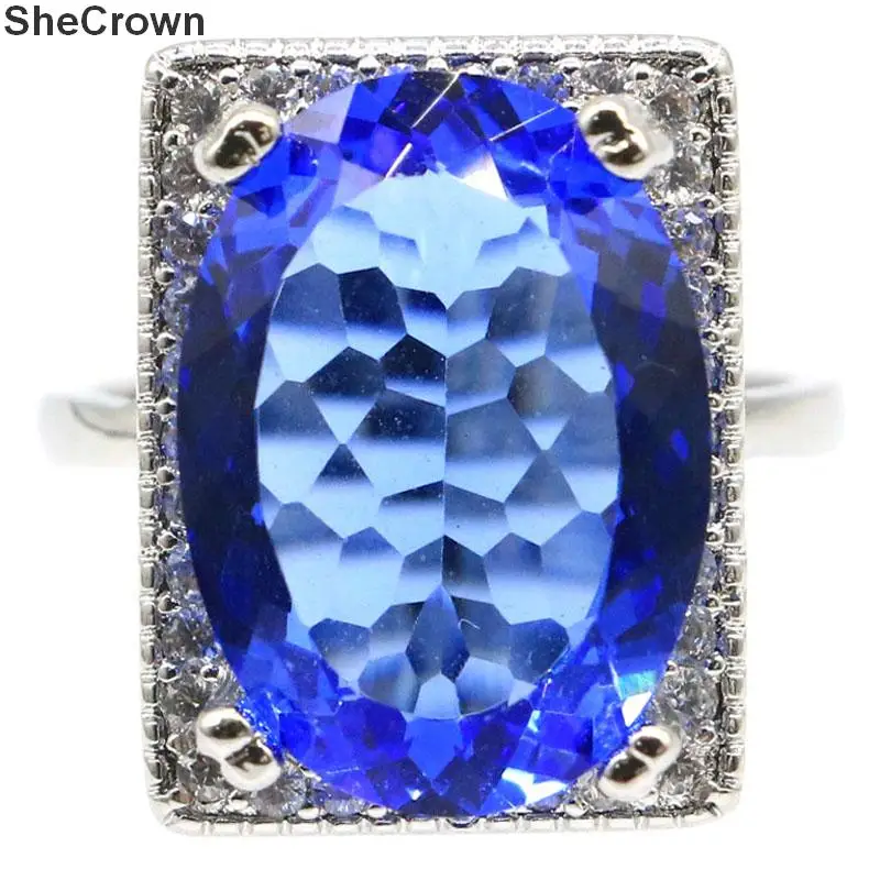 

19x15mm SheCrown Luxury Created 18x13mm Rich Blue Violet Tanzanite CZ Ladies Jewelry Making Silver Rings