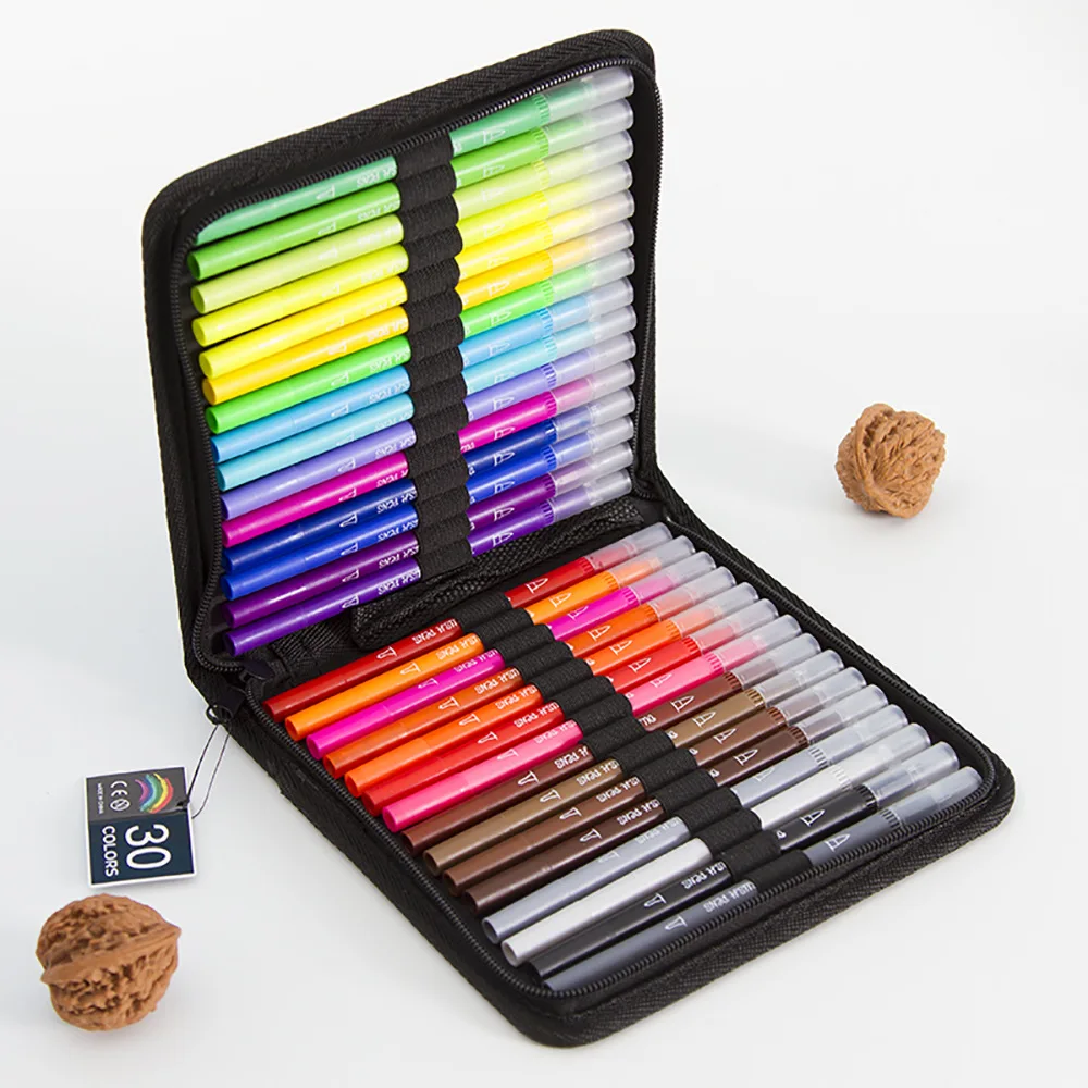 Акварельный маркер, 30 цветов, два кончика, кисти, ручки, набор маркеров для творчества, 0,4 мм, Fineliner, чехол с надписью, принадлежности для рисования