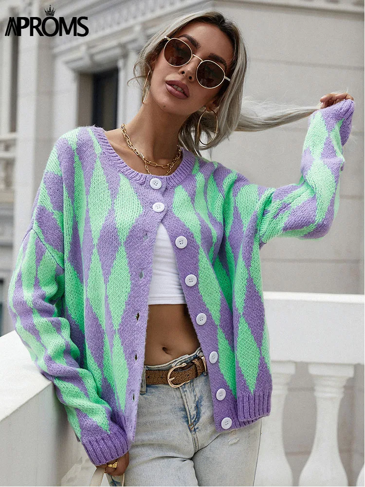 Aproms Vintage Green Purple Plaid Knitted Cardigan Women Winter Soft Loose  Sweater Female High Fashion Outerwear 2022 - AliExpress