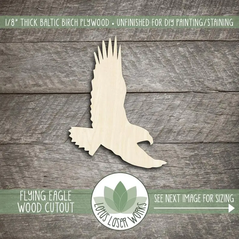 

Flying Eagle Wood Cutout Shape, Laser Cut Wooden Eagle, Unfished Wood Shapes For DIY Projects, Many Size Options Availalbe