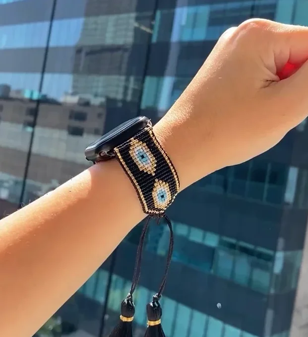 Evil Eye Miyuki Seed Beaded Apple Watch Band with Tassels Miyuki Seed Beaded Evil Eye Loom Pattern Apple Watch Band - Etsy main image 4