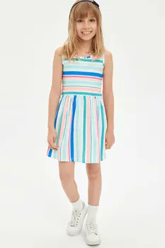 

DeFacto Summer Lovely Girl Knitted Dress Girls Fashion Strap Stripe Pleated Rainbow Sweet Style Dresses - M8063A620SM