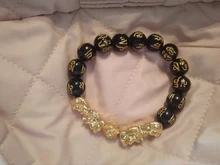 Feng Shui-pulsera de cuentas de piedra obsidiana Unisex, brazalete de oro negro, Pixiu, riqueza, buena suerte