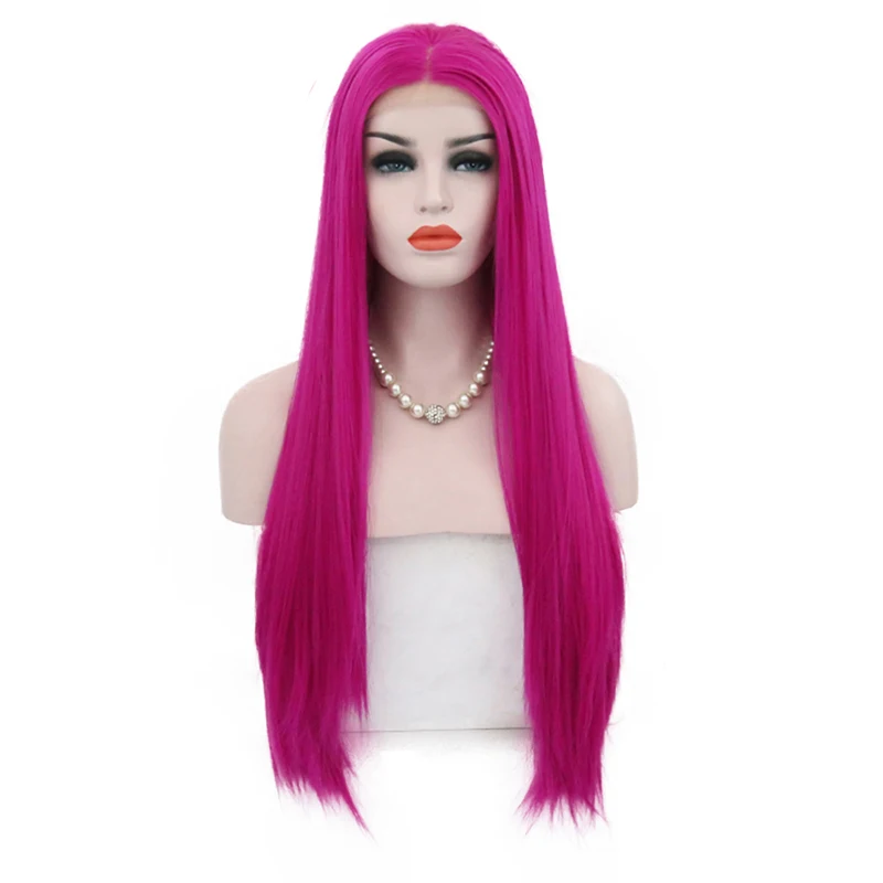 

RONGDUOYI Rose Red Long Synthetic Lace Front Wigs Silk Straight Daily Wear Party Wig for Women with Natural Hairline Heat Fiber