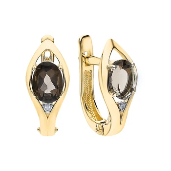 

Gold earrings with quartz smoky and diamonds sunlight sample 585