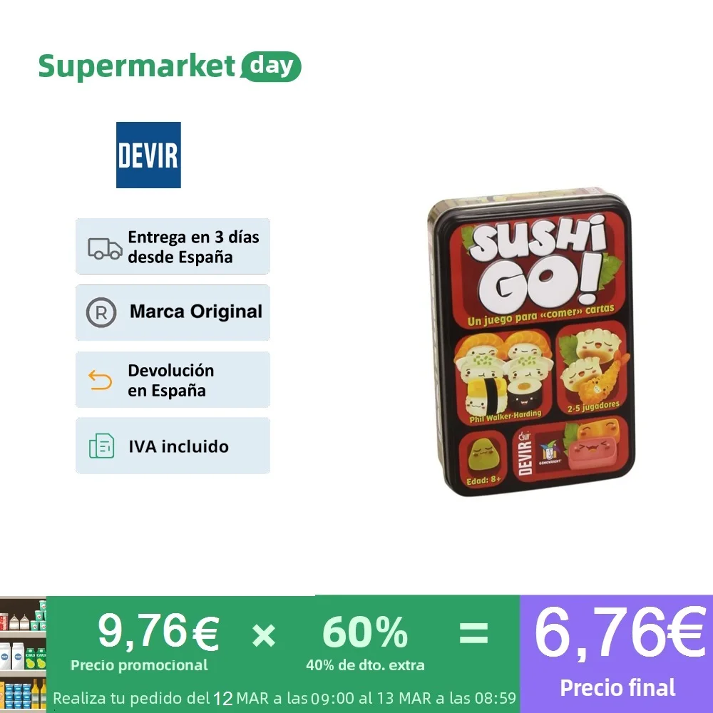 Devir Sushi Go Juego de Mesa, Multicolor Dimensiones del Producto: Largo x Ancho x Alto De 16 x 5 x 9cm - Supermercado