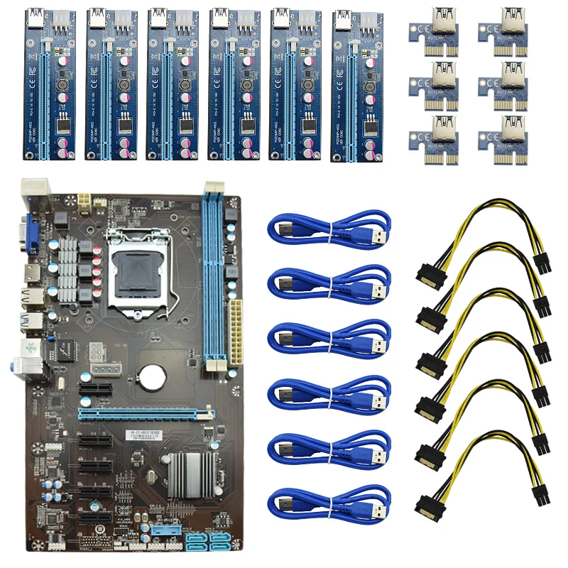 

6GPU Bitcoin Mining Motherboard 6pcs Riser PCI-E Express Card PCIE 1x to 16x Adapter Extender USB 3.0 Cable for Rig LTC Machine