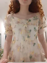 Mini Dress Puff-Sleeve Lace Print Chiffon French Korean-Style Sexy Vintage Women Floral