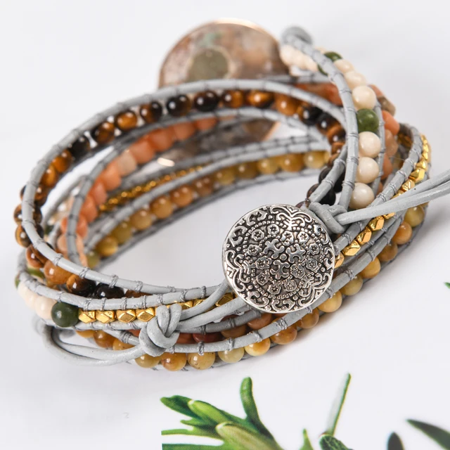 YGLINE 5-Wrap Gemstone Bracelet Cuff - Agate & Leather Wrap Bracelet For Women, Adjustable Boho Slice Stone Jewelry