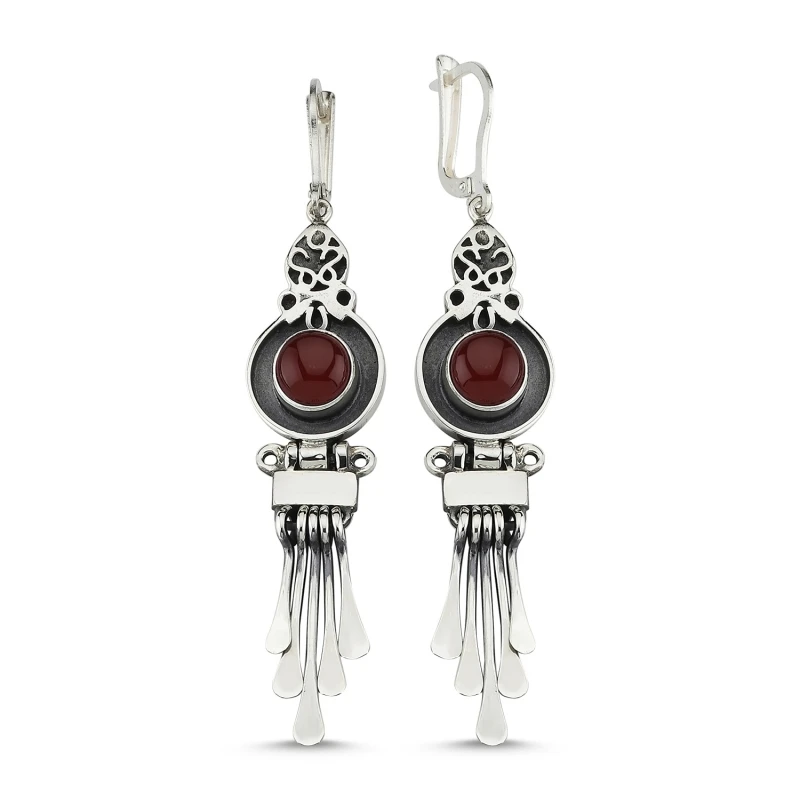 

Silver 925 Sterling Red Agate Gemstone Dangle Hand Handwork Earrings