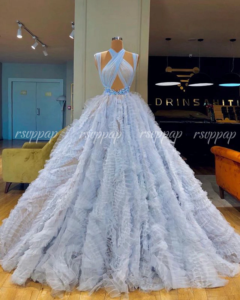 

Long Elegant Arabic Women Evening Dresses 2020 Ball Gown Halter See Through Top Ruffles Light Blue Tulle Formal Ladies Gowns
