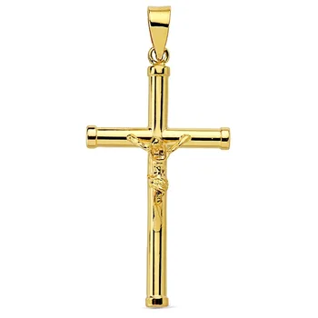 

Cross pendant crucifix 18k gold Christ smooth stick round 29mm. Leaded unisex