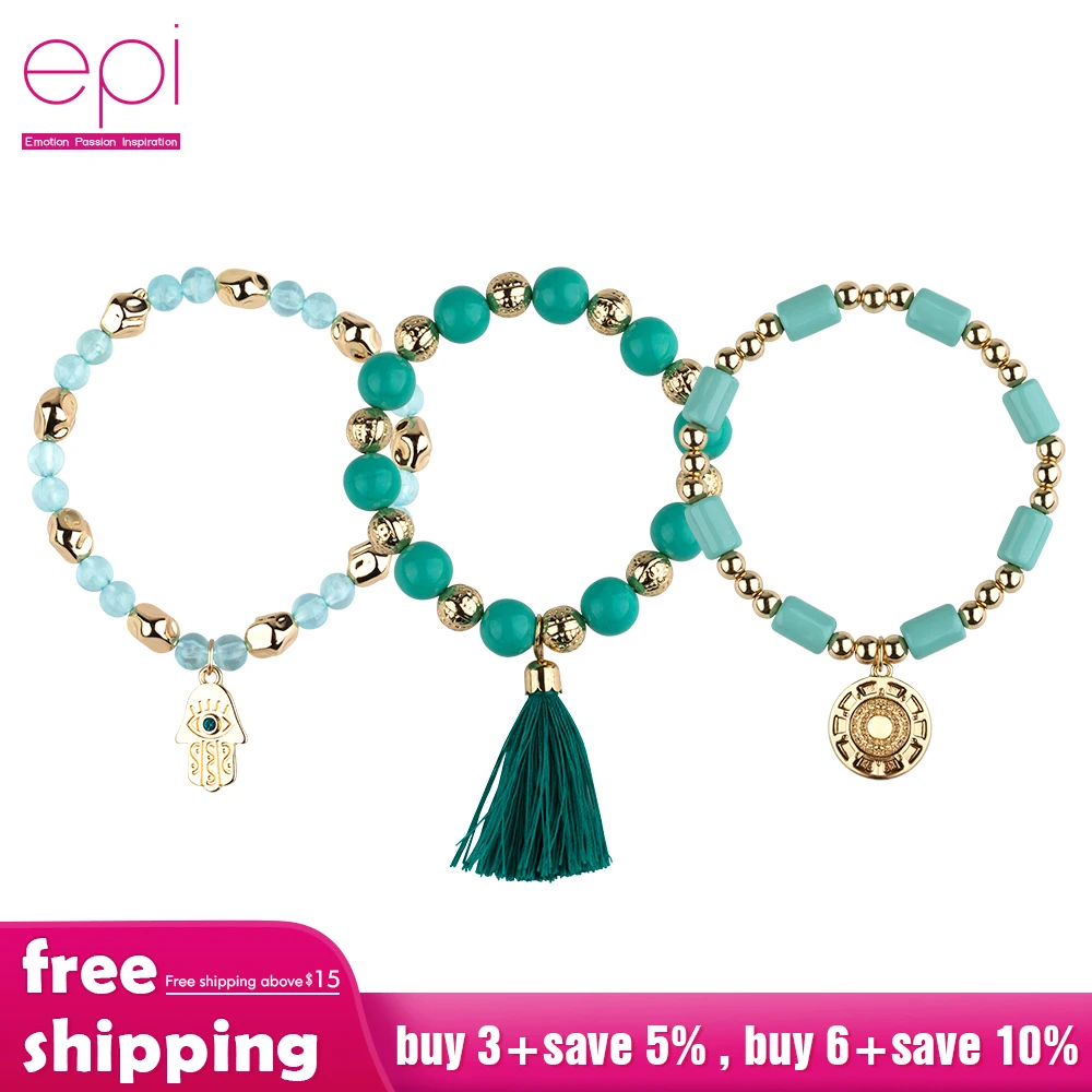 EPI 3 шт./компл. Mix, расшитое бусинами, волна любви с украшением в виде кристаллов Мрамор Шарм Браслеты для Для женщин Boho ювелирное изделие, браслет с кисточкой