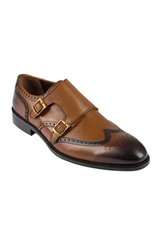 

Jack Martin - Tan Brown Handmade Burnished Leather Double Monk Strap Brogue Shoes (Model Name: BLAKE)