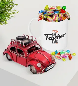 

Personalized Best Teacher Platter Nostalgic Red Metal Beetle and Mug Haribo Candy Seti-13