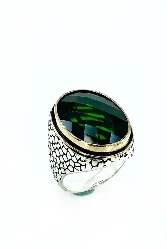 

Oval Emerald green Zircon Stone Big Silver Male Ring