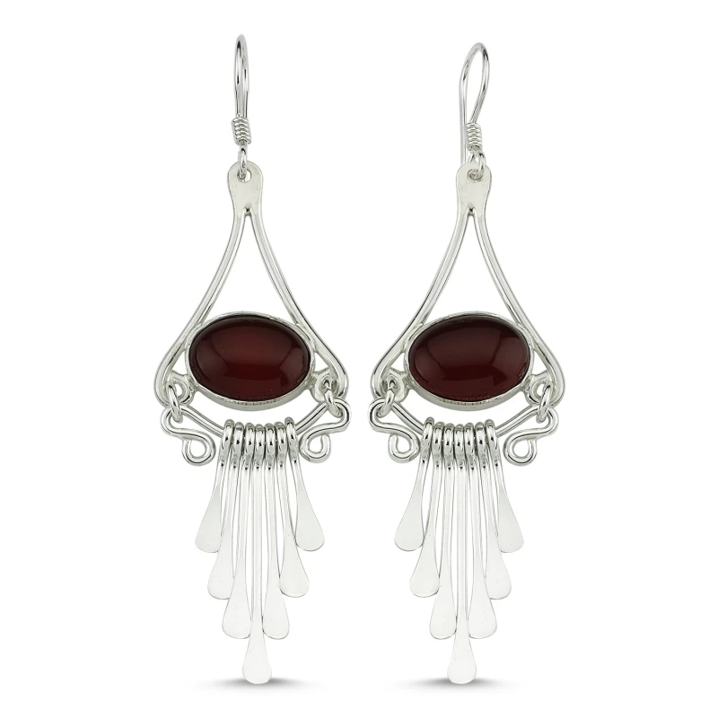 

Silver 925 Sterling Red Agate Gemstone Dangle Hand Handwork Earrings