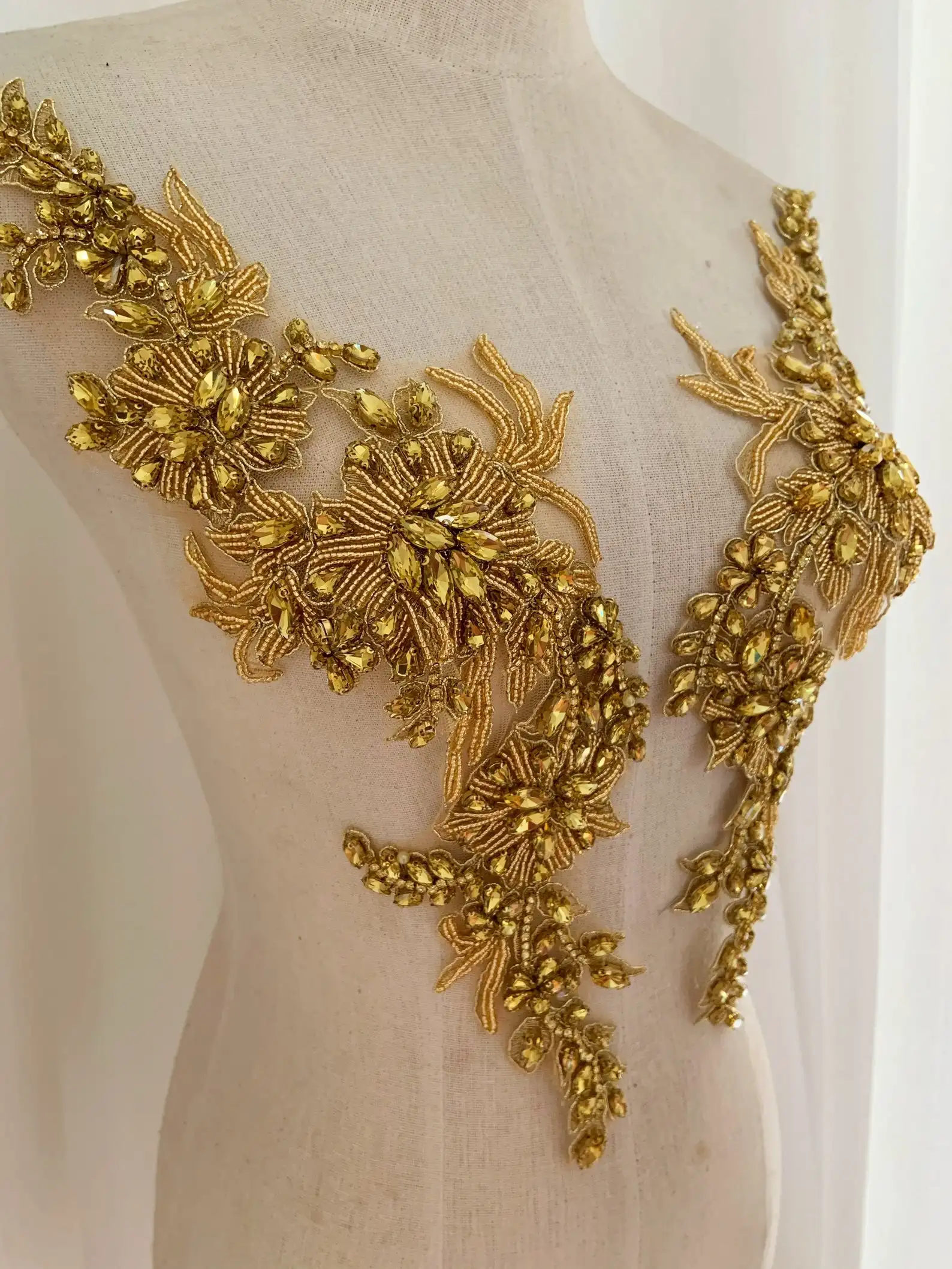 2 PCS Rhinestone Applique Gold Garter Sew Iron on Crystal Patch for Bridal  Wedding Dress Sash Belt Clothes,2pcs