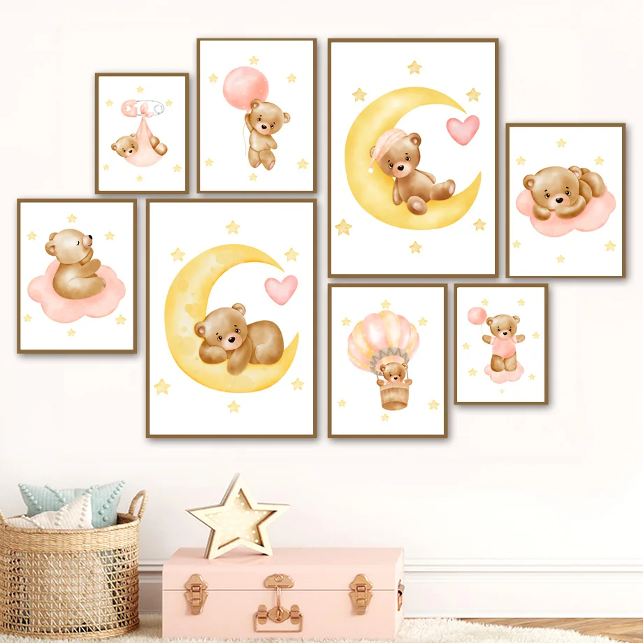 

Moon Cloud Stars Hot Air Balloon Cute Bear Wall Art Canvas Painting Nordic Posters And Prints Wall Pictures Baby Kids Room Decor