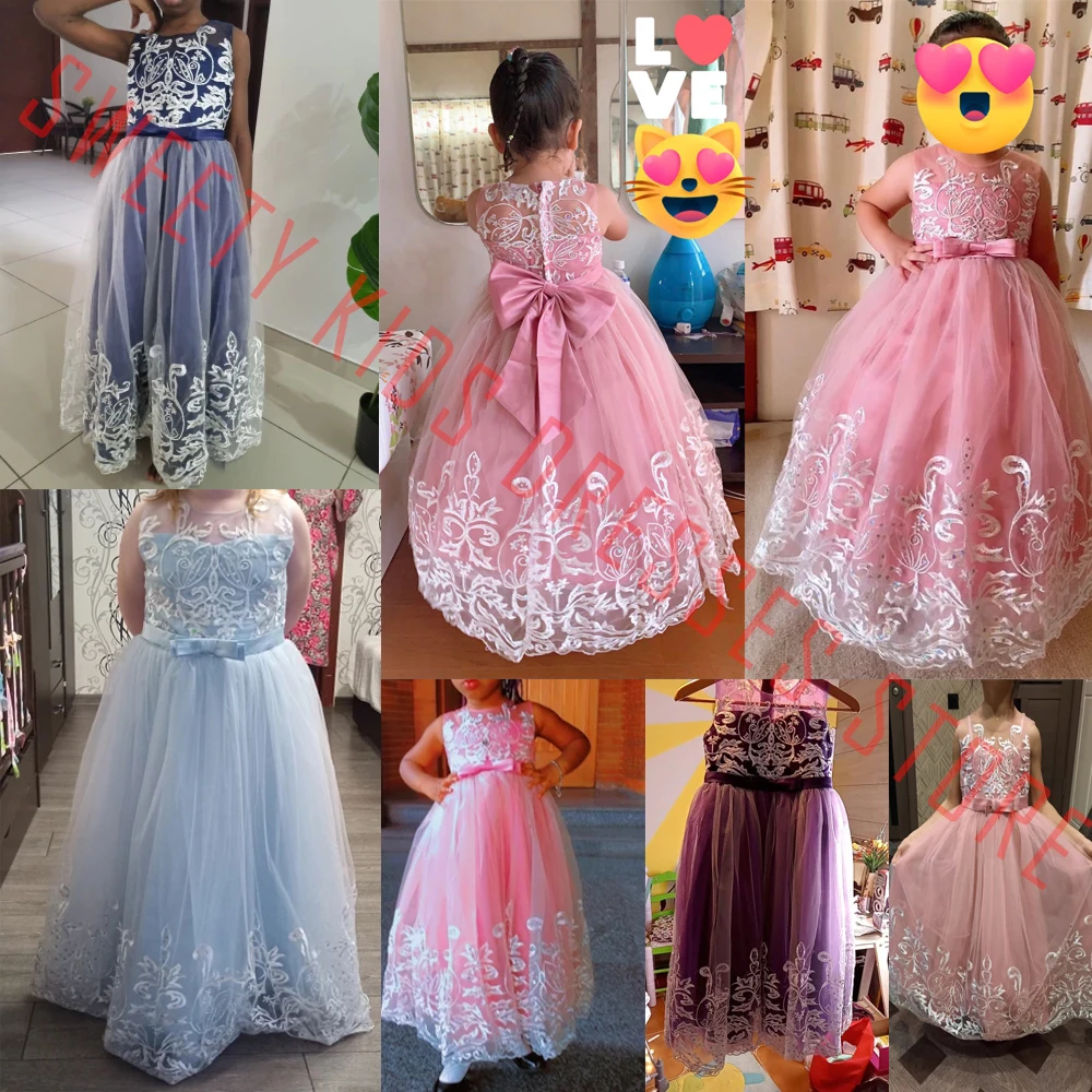 Puffy Tulle Lace Flower Girl Dress Christmas Costume Bride Bow Gown Princess Dress for Girls Wedding Party First Communion