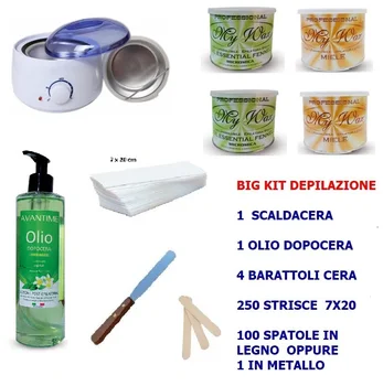 

BIG WAX HEATER KIT WAXING 4 JARS 400ML + SPATULAS + 250 STRIPS GIA CUT + OIL DOPOCERA 400ML WITH DISPENSER