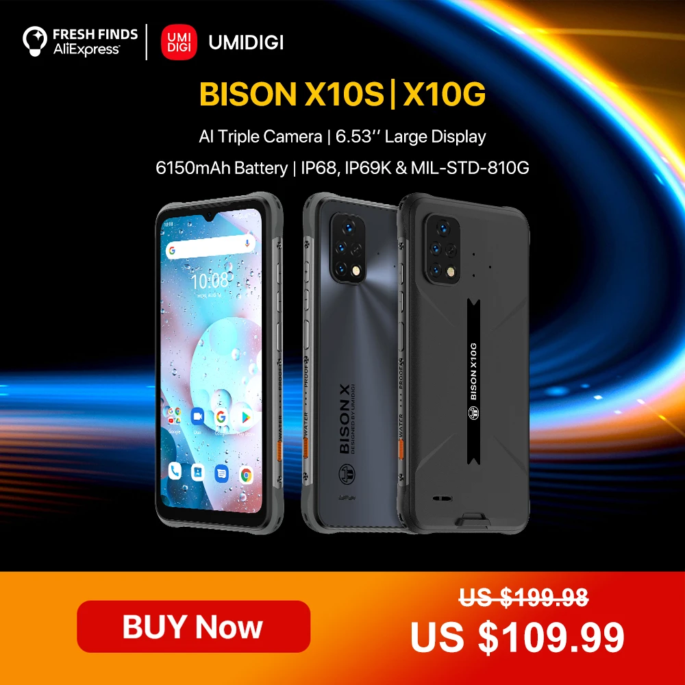 [World Premiere] UMIDIGI BISON X10S X10G IP68/IP69K Waterproof Rugged Phone 6.53" HD+ 4GB+32GB 16MP 6150mAh Battery Smartphone best poco mobile