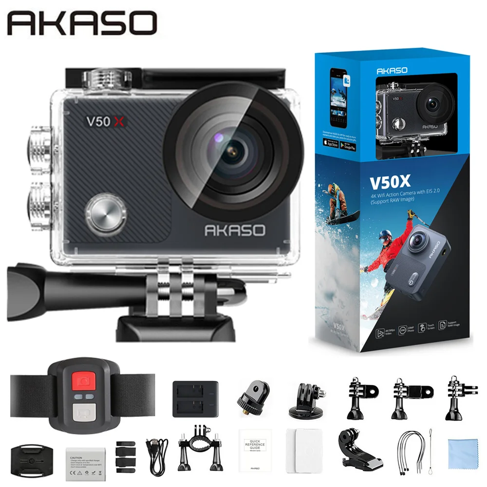 AKASO V50X Caméra d'action WiFi Caméra sport autochtone 4K30fps avec écran tactile EIE Angle de vision réglable 131 pieds Caméra étanche