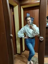 Blusa con manga de linterna para mujer, camisa holgada con botones a la moda para primavera y otoño, Color liso