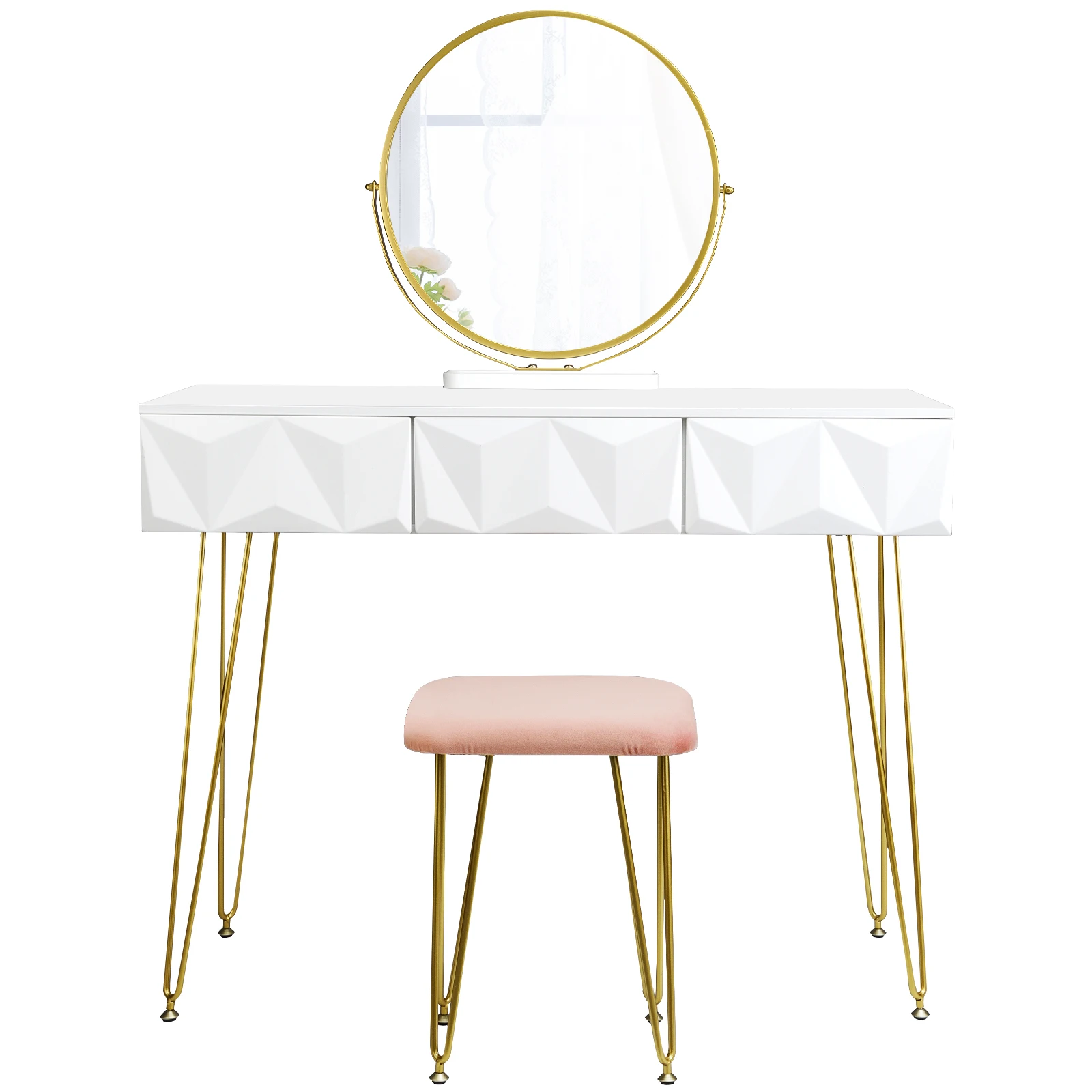 White Gold Dressing Table with 360 ° Swivel Mirror Velvet Stool Makeup Cosmetic Vanity Table with 3 Drawers 3D Effect Bedroom White Gold Dressing Table with 360 ° Swivel Mirror Velvet Stool Makeup Cosmetic Vanity Table with 3 Drawers 3D Effect Bedroom